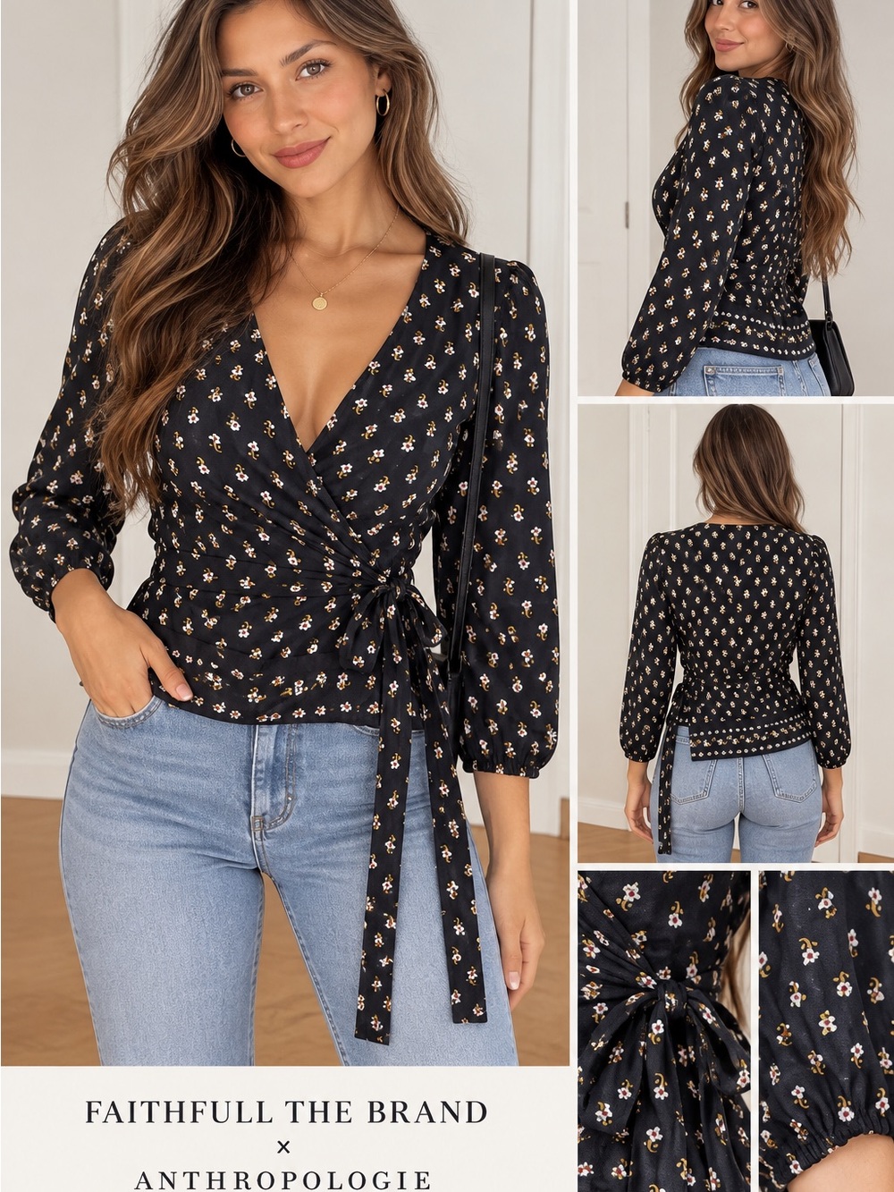 Faithfull the Brand Black Floral Wrap Blouse with Tie Waist